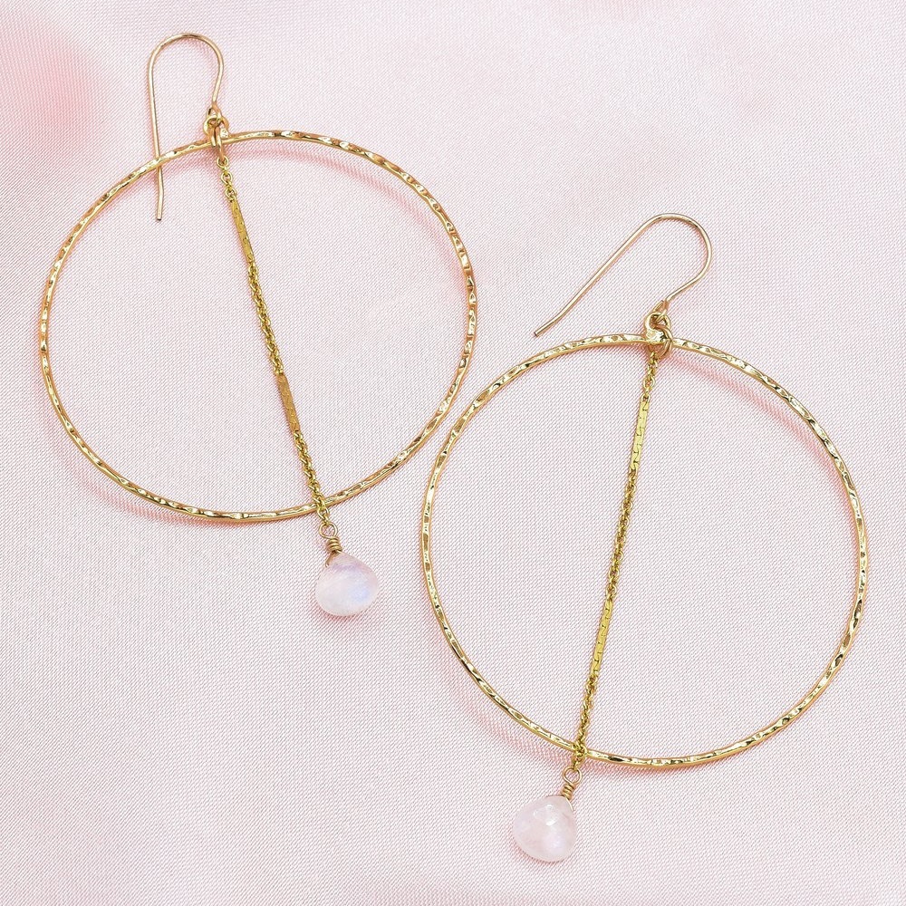 🌙14K Gold Filled Handmade Dainty Textured Hoops &Chain Drop & Moonstone Charms - Picture 3 of 3